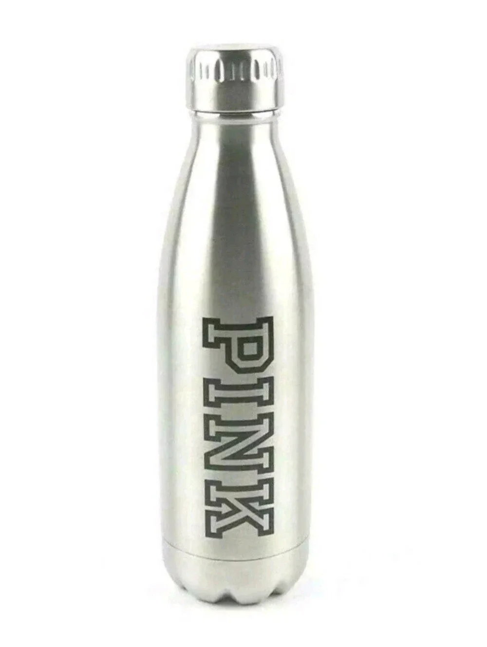★NIB★Victoria's Secret PINK LOGO Metal Twist Cap Silver Water Bottle 17 oz